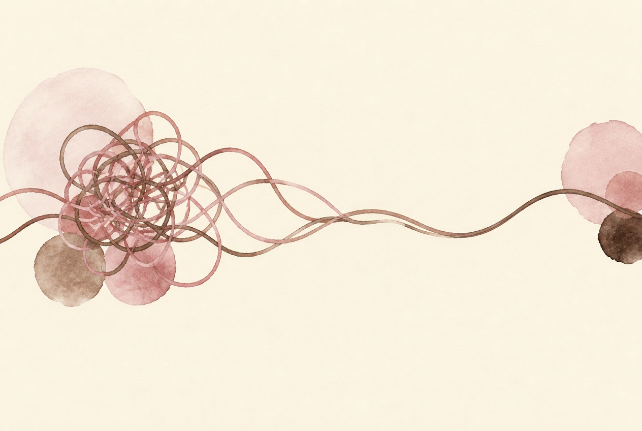 Watercolor illustration of tangled threads gently untangling into one smooth line